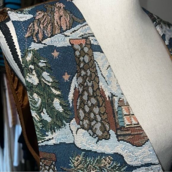 Backroad Blues Winter Scene Tapestry Vest With Satin Backing Vintage Womens Sz L - Picture 6 of 11